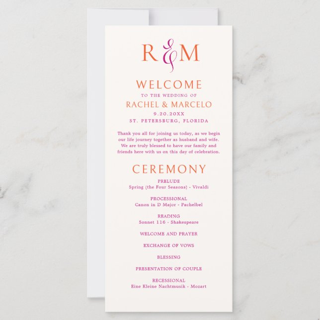 Bright Pink Orange Simple Monogram Wedding Program (Front)