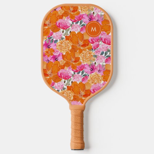 Bright Pink Orange Vibrant Floral Custom Monogram Pickleball Paddle