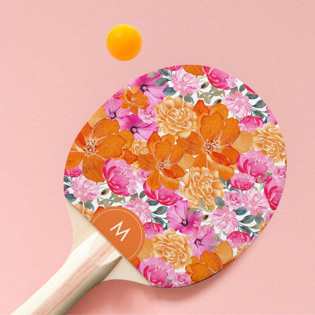 Bright Pink Orange Vibrant Floral Custom Monogram Ping Pong Paddle (Creator Uploaded)
