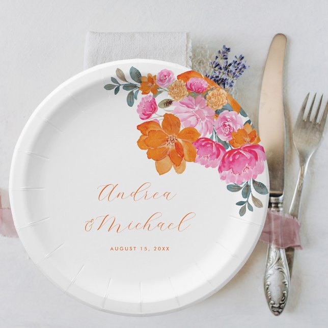 Bright Pink & Orange Vibrant Summer Floral Wedding Paper Plates (Creator Uploaded)