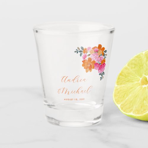 Bright Pink  Orange Vibrant Summer Floral Wedding Shot Glass