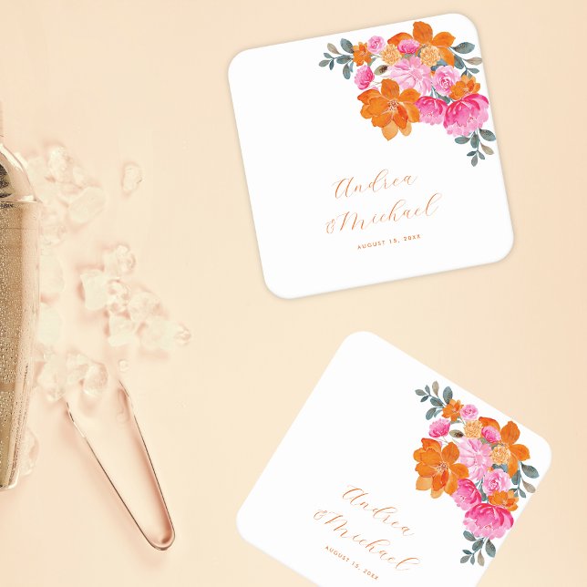 Bright Pink & Orange Vibrant Summer Floral Wedding Square Paper Coaster (Creator Uploaded)