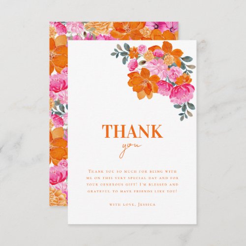 Bright Pink Orange Watercolor Floral Bridal Shower Thank You Card