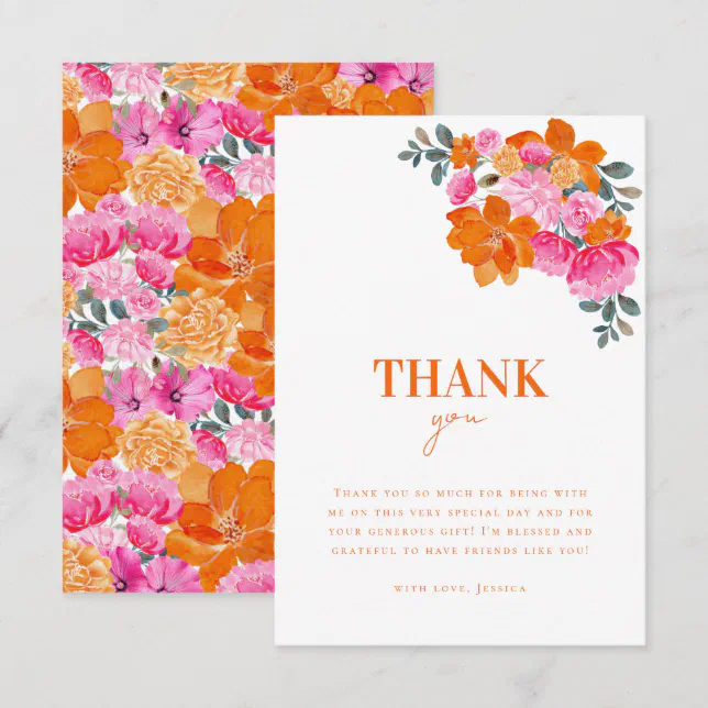 Bright Pink Orange Watercolor Floral Bridal Shower Thank You Card | Zazzle