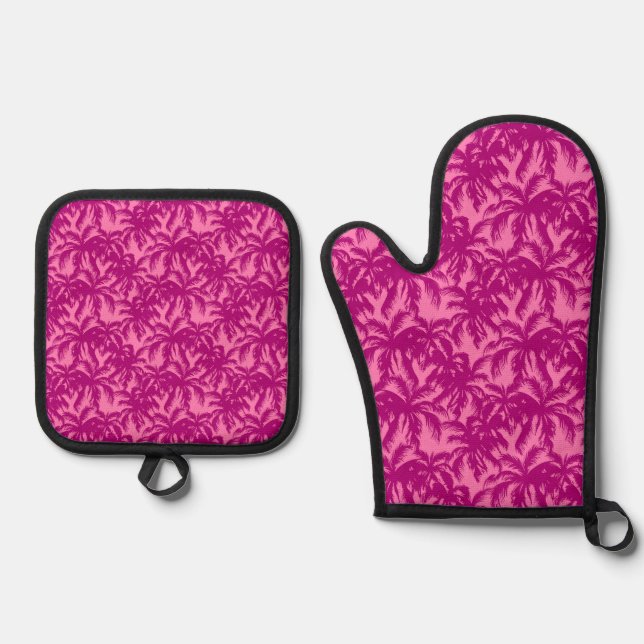 Bright pink palm pattern oven mitt & pot holder set (Front)