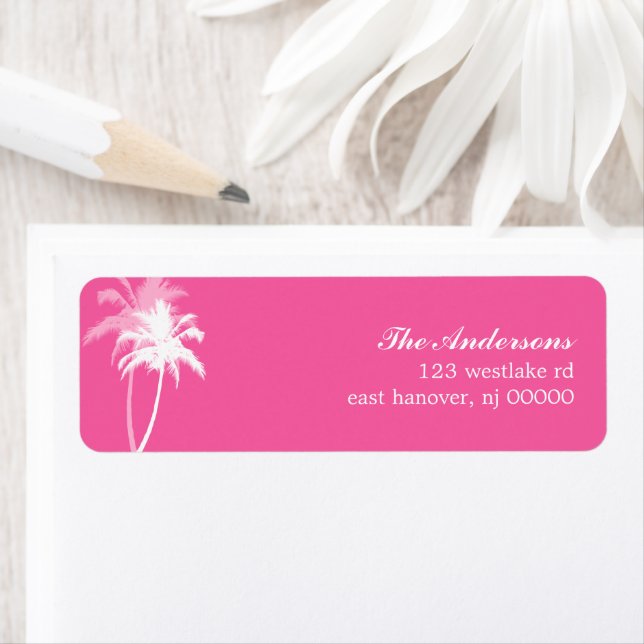 Bright Pink Palm Trees Tropical Beach Wedding Label (Insitu)