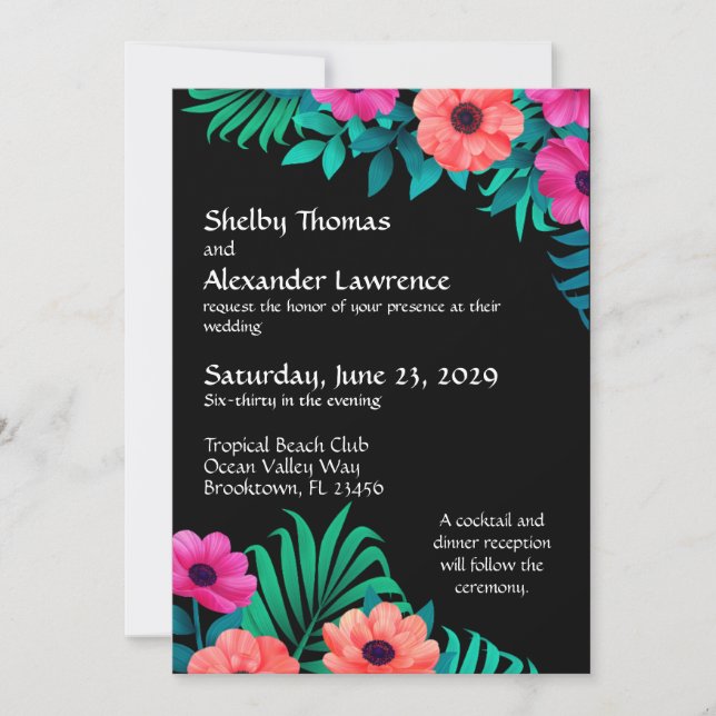 Bright Pink, Peach & Green on Black Wedding Invitation (Front)