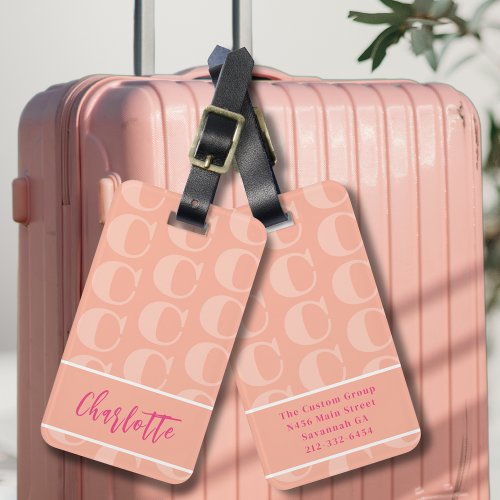 Bright Pink Peach White Monogram Initial Letter  Luggage Tag