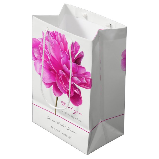 Bright Pink Peony Bridal Shower Medium Gift Bag (Front Angled)