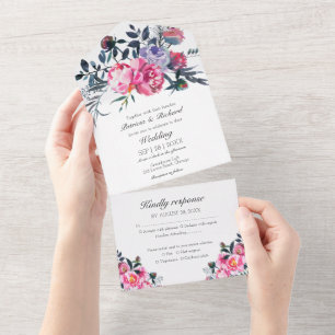 Bright Pink Peony Floral Monogram Elegant Wedding All In One Invitation