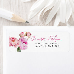 Bright pink peony floral wedding return Address Label