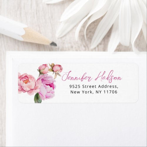 Bright pink peony floral wedding return Address Label