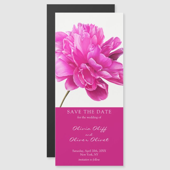 Bright Pink Peony Wedding Save the Date Magnetic (Front/Back)