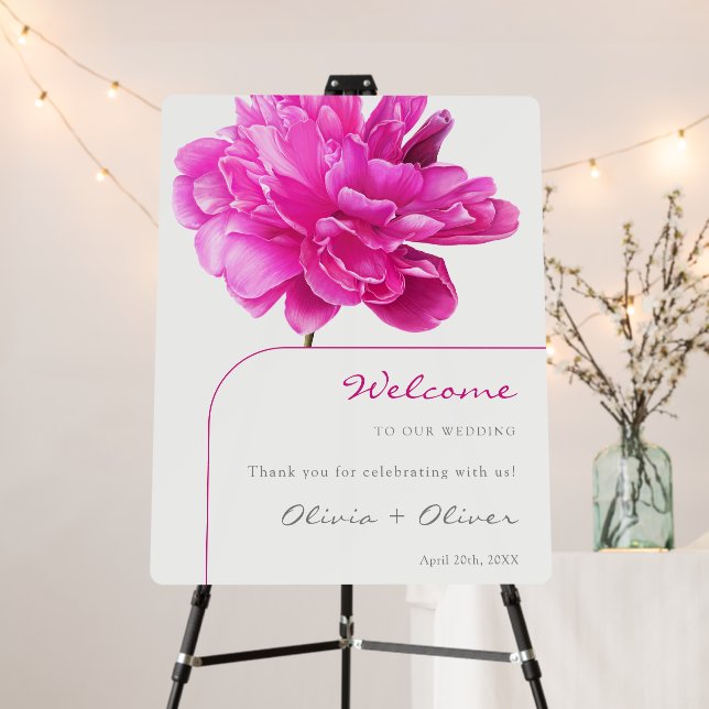 Bright Pink Peony Wedding Welcome Foam Board (In Situ (Stand))