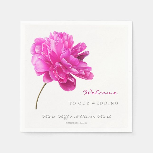 Bright Pink Peony Wedding Welcome Napkins (Front)