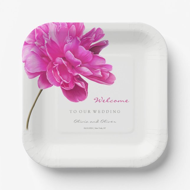Bright Pink Peony Wedding Welcome Paper Plates (Front)