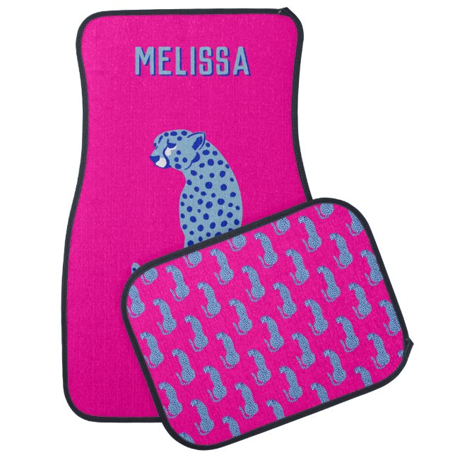 Bright Pink Personalized Modern Cheetah Car Floor Mat (Set)