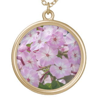 Bright Pink Phlox Cluster Nature Gold Plated Necklace