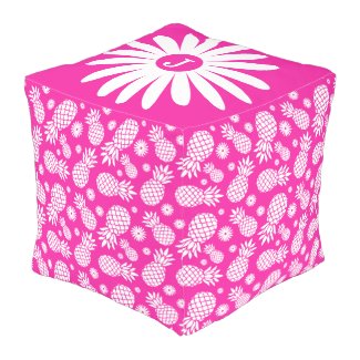 Bright pink pineapple daisy monogram pattern pouf