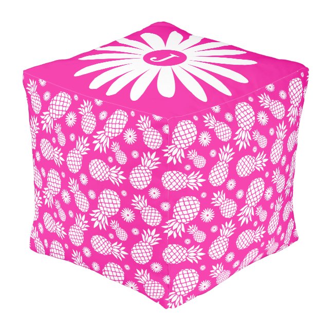 Bright pink pineapple daisy monogram pattern pouf (Angled Front)