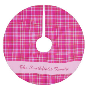 Bright Pink Plaid Family Name Custom Brushed Polyester Tree Skirt