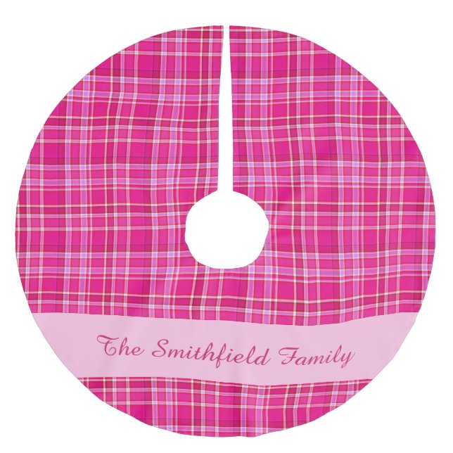 Bright Pink Plaid Family Name Custom Brushed Polyester Tree Skirt (Front)