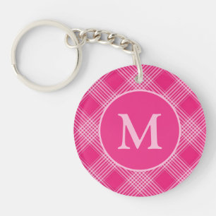 Bright Pink Plaid Stylish Monogram Keychain