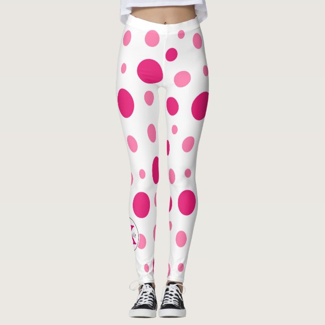 Bright Pink Polka Dots Custom Name & Monogram Leggings (Front)