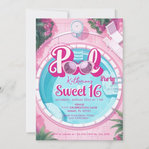 Bright Pink Pool Party Girly Sweet 16 Sixteen Invitation
