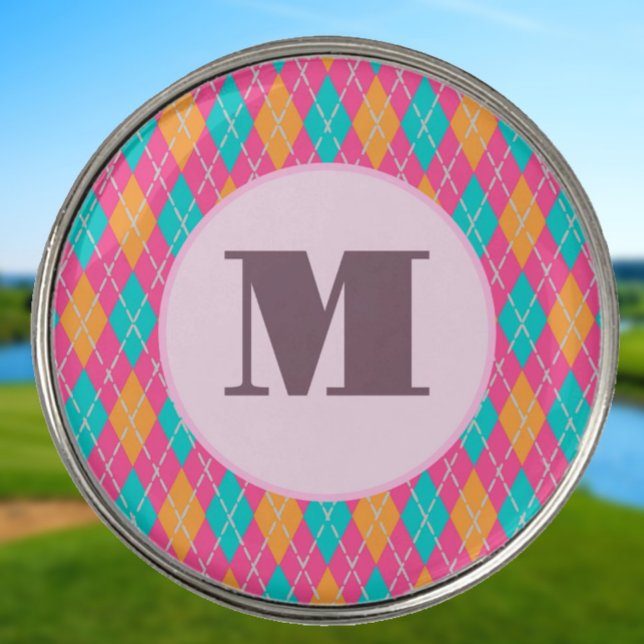 Bright Pink preppy argyle custom monogram ladies Golf Ball Marker (Creator Uploaded)