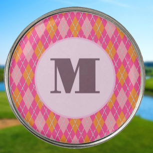 Bright Pink preppy argyle custom monogram ladies Golf Ball Marker