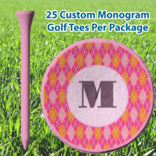 Bright Pink preppy argyle custom monogram ladies Golf Tees