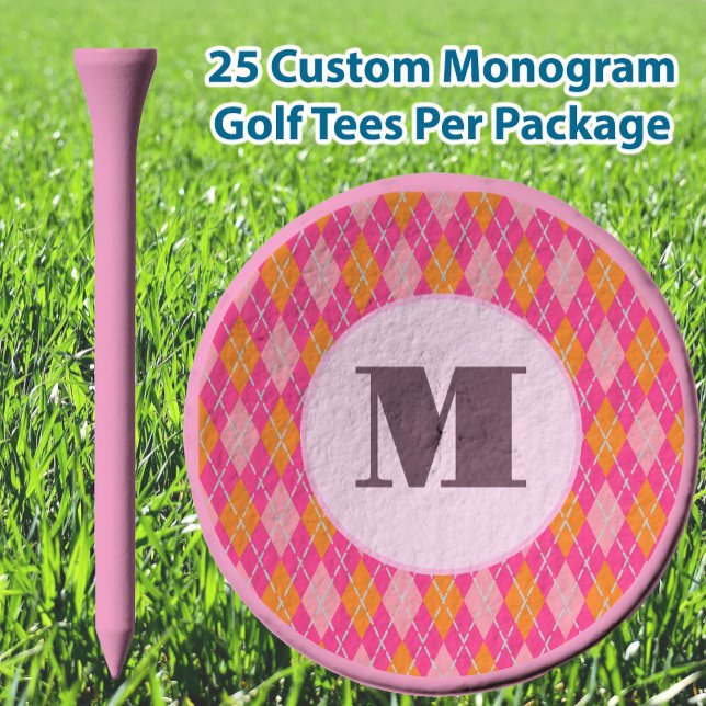 Bright Pink preppy argyle custom monogram ladies Golf Tees (Creator Uploaded)