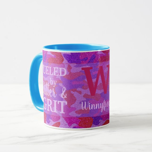 Bright Pink + Purple Camouflage Glitter Camo Name Mug (Front Left)