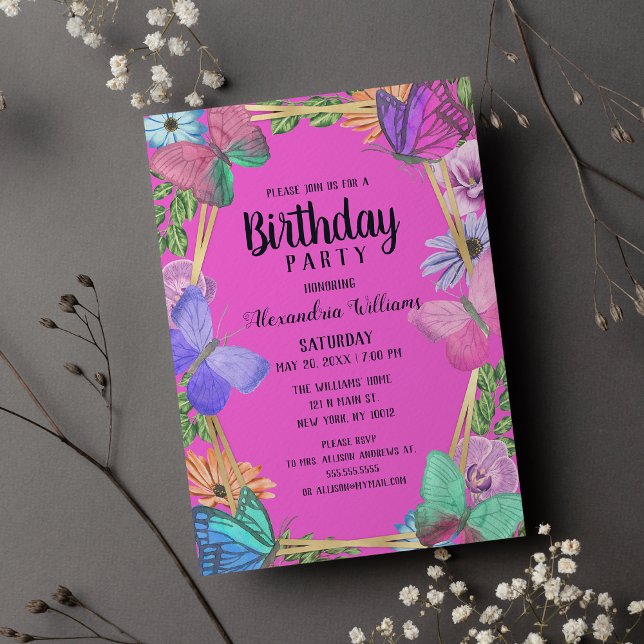 Bright Pink Purple Floral Butterfly Birthday Invitation Postcard (Bright Pink Purple Floral Butterfly Birthday )