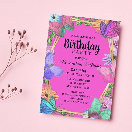 Bright Pink Purple Floral Butterfly Birthday Invitation Postcard