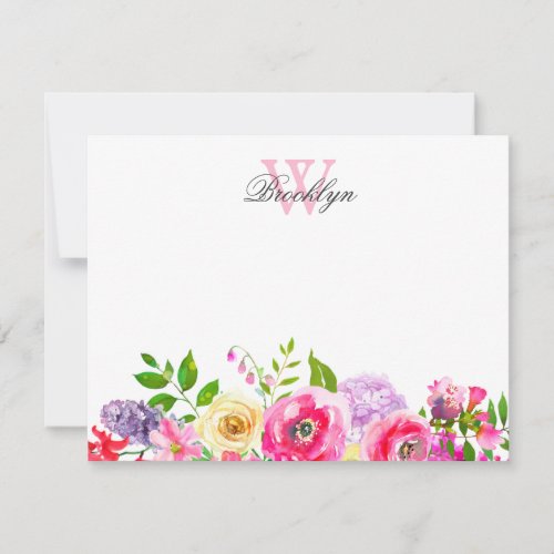 Bright Pink Purple Floral Monogrammed Note Card
