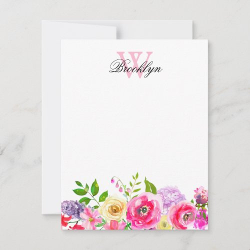 Bright Pink Purple Floral Monogrammed Note Card