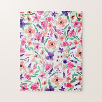 Bright Pink Purple Green Watercolor Flowers Jigsaw Jigsaw Puzzle by kicksdesign at Zazzle