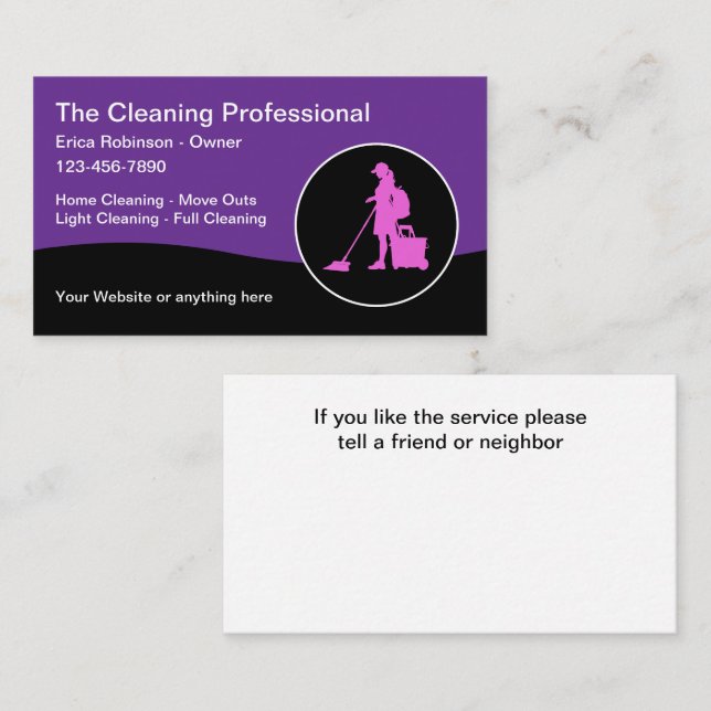 Bright Pink Purple Modern House Cleaning Maid  Business Card (Front/Back)