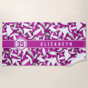 Bright pink purple volleyballs pattern her name beach towel