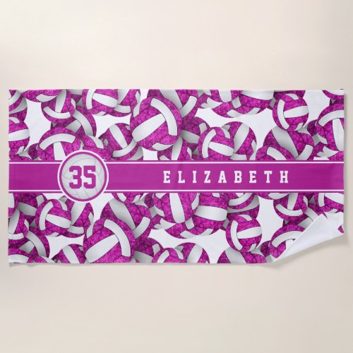 Bright pink purple volleyballs pattern her name  beach towel
