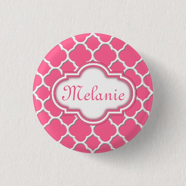 Bright Pink Quatrefoil Trellis Pattern Pinback Button (Front)
