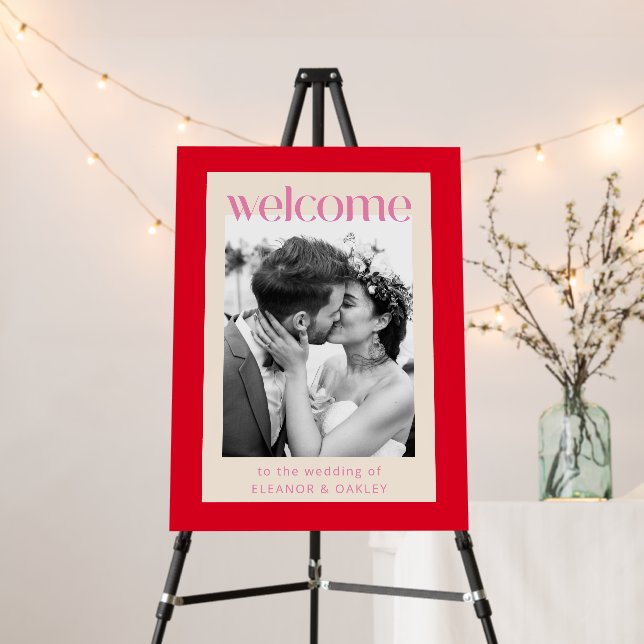 Bright Pink Red Chic Modern Unique Photo Wedding Foam Board (In Situ (Stand))