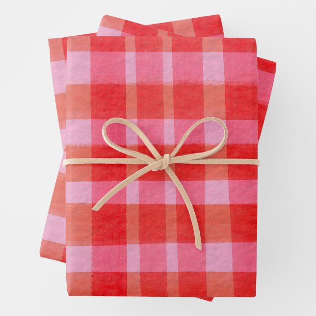Bright Pink Red Painterly Plaid Christmas Holiday Wrapping Paper Sheets (In situ)