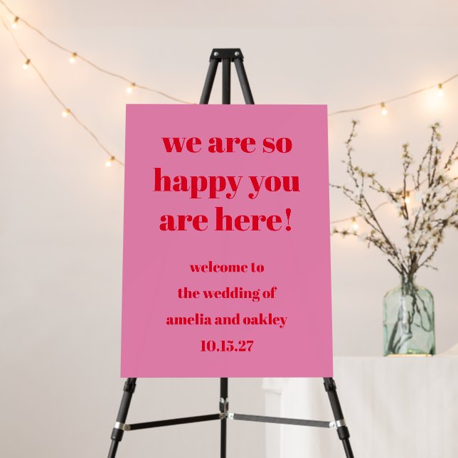 Bright Pink Red Retro Custom Wedding Welcome Sign (In Situ (Stand))