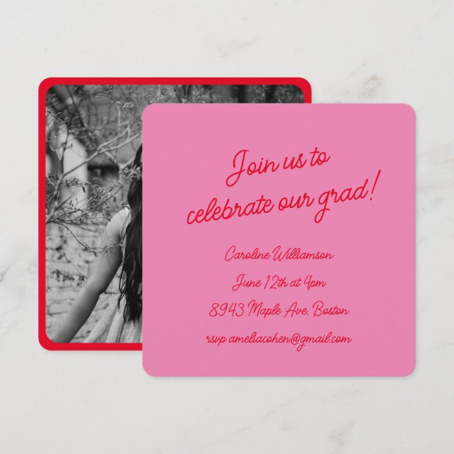 Bright Pink Red Script Photo Chic Graduation Party Invitation (Front/Back)