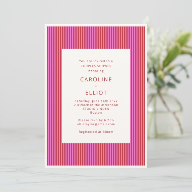 Bright Pink Red Stripe Summer Couples Shower Invitation (Standing Front)