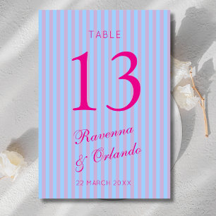 Bright Pink Retro Blue Pink Stripe Wedding Table Number