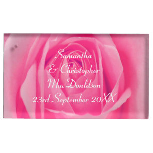 Bright pink rose flower country floral wedding place card holder